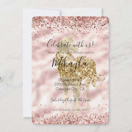 Girly Gold Unicorn Rosa Glitzer Sparkle Confetti Einladung (Vorderseite)