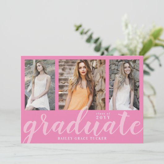 Girly Graduate 3-Foto Collage Pink Abschluss Ankündigung (Stehend Vorderseite)