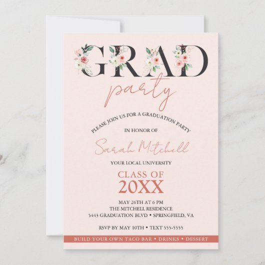 Girly Graduation Party Blush Pink Floral Einladung (Vorderseite)