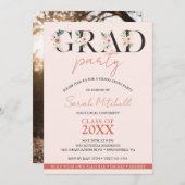 Girly Graduation Party Blush Pink Floral Einladung (Vorne/Hinten)