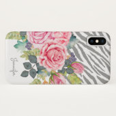 Girly graue Zebra-Druckchic-Rosa-Rosen mit Namen Case-Mate iPhone Hülle (Rückseite (Horizontal))