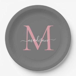 Girly Gray Blush Pink Monogramm Trendige Skriptnam Pappteller