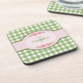 Girly Green Gingham Monogramm mit Namen Getränkeuntersetzer (Linke Seite)
