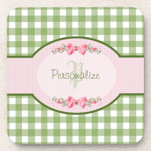 Girly Green Gingham Monogramm mit Namen Getränkeuntersetzer (Vorderseite)