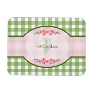 Girly Green Gingham Monogramm mit Namen Magnet