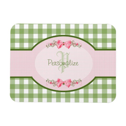 Girly Green Gingham Monogramm mit Namen Magnet (Horizontal)