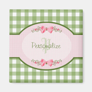 Girly Green Gingham Monogramm mit Namen Magnet