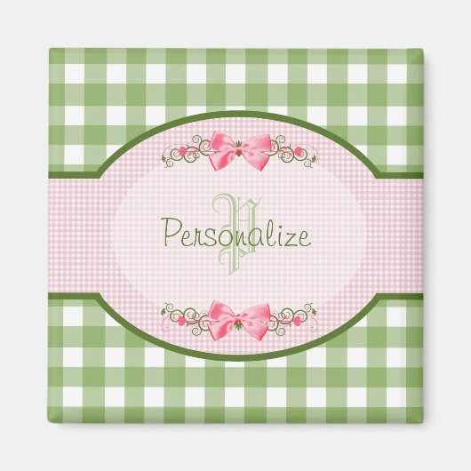 Girly Green Gingham Monogramm mit Namen Magnet (Vorne)