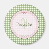 Girly Green Gingham Monogramm mit Namen Magnet (Vorne)