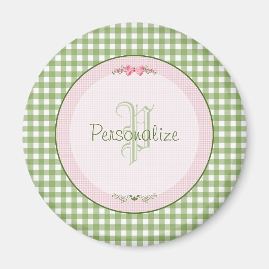 Girly Green Gingham Monogramm mit Namen Magnet (Vorne)