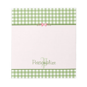 Girly Green Gingham Monogramm mit Namen Notizblock