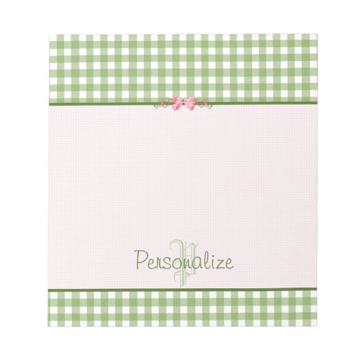 Girly Green Gingham Monogramm mit Namen Notizblock (Vorderseite)