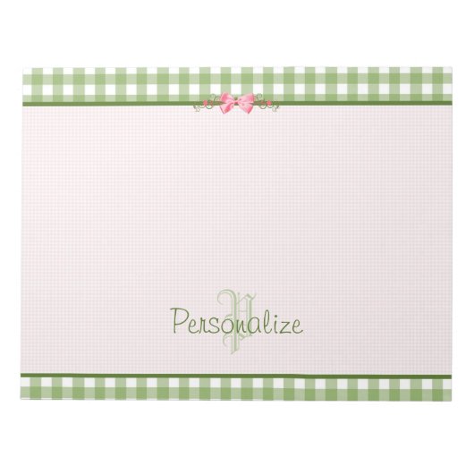 Girly Green Gingham Monogramm mit Namen Notizblock (Vorderseite)