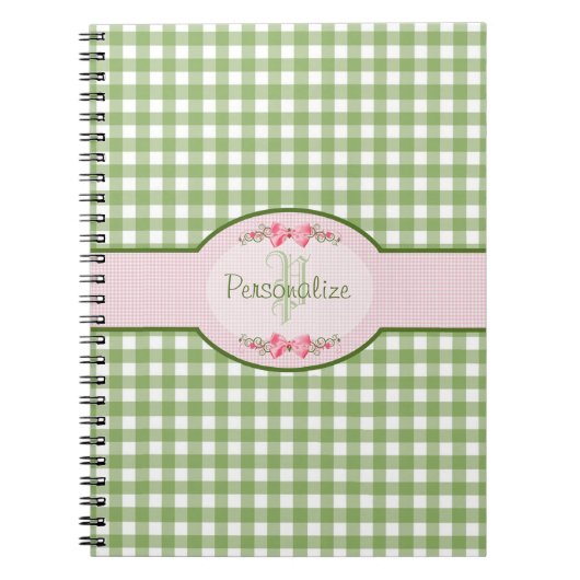Girly Green Gingham Monogramm mit Namen Notizblock (Vorderseite)