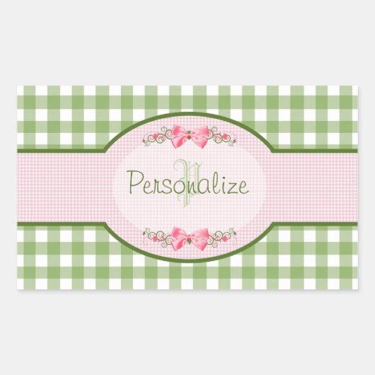 Girly Green Gingham Monogramm mit Namen Rechteckiger Aufkleber (Vorderseite)