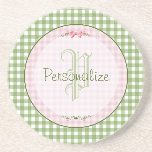 Girly Green Gingham Monogramm mit Namen Sandstein Untersetzer (Vorne)