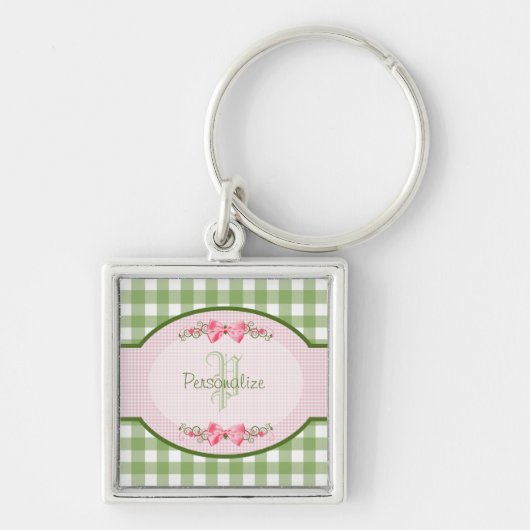 Girly Green Gingham Monogramm mit Namen Schlüsselanhänger (Vorne)