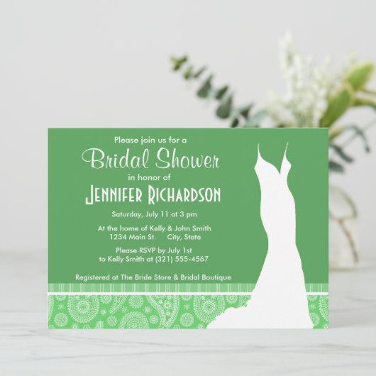 Girly Green Paisley Einladung (Stehend Vorderseite)