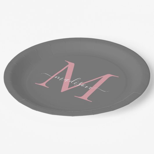 Girly Grey Blush Pink Monogram Trendy Script Name Pappteller (Schrägansicht)