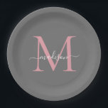 Girly Grey Blush Pink Monogram Trendy Script Name Pappteller<br><div class="desc">Einfache moderne,  trendige,  graue Rosa Monogramm Moderne Feminine Script Name Paper Plate</div>