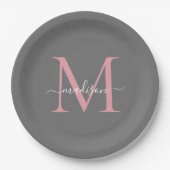 Girly Grey Blush Pink Monogram Trendy Script Name Pappteller (Vorderseite)
