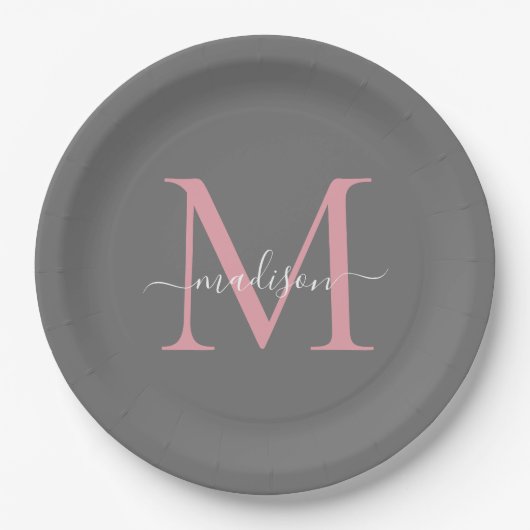 Girly Grey Blush Pink Monogram Trendy Script Name Pappteller (Vorderseite)