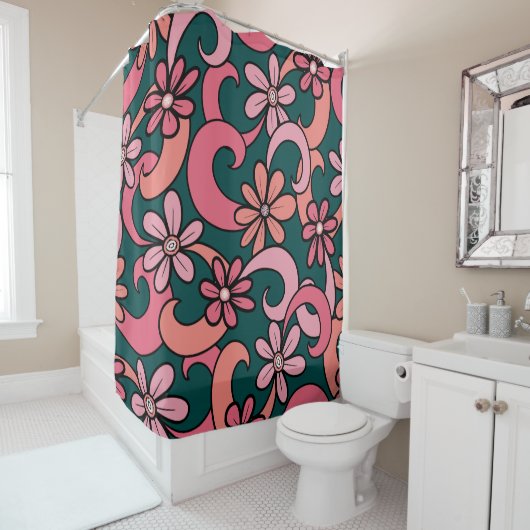 Girly Groovy Pink Coral Green 70er Blume Muster Duschvorhang (Beispiel)