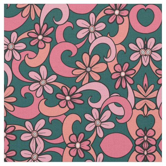 Girly Groovy Pink Coral Green 70er Blume Muster Stoff (Nahaufnahme)