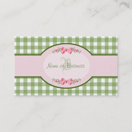 Girly grünes Gingham-Monogramm-Land-Rosa-Band Visitenkarte (Vorderseite)