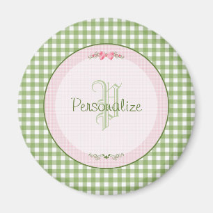 Girly grünes Gingham-Monogramm mit Namen Magnet