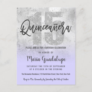 Girly Grunge Silver Lilac Glitzer Foil Quinceañera Einladungspostkarte