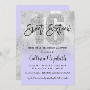 Girly Grunge Silver Lilac Glitzer Foil Sweet 16 Einladung