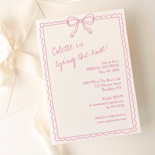 Girly Hand Drawn Bow Elegantes rosa Brautparty Einladung