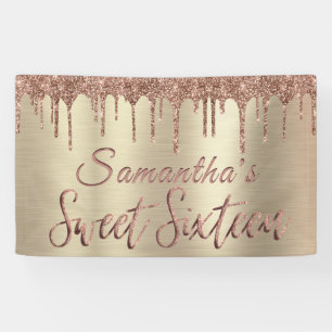 Girly Happy Birthday Sweet 16 Rose Gold Glitzer Banner