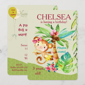 Girly Happy Monkey Birthday Invite Einladung
