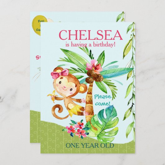 Girly Happy Monkey Blue Birthday Einladung (Vorne/Hinten)