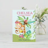 Girly Happy Monkey Blue Birthday Einladung (Stehend Vorderseite)