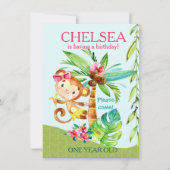 Girly Happy Monkey Blue Birthday Einladung (Vorderseite)