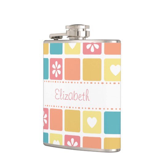 Girly Heart Square Pattern Retro Daisy Blume Flachmann (Links)