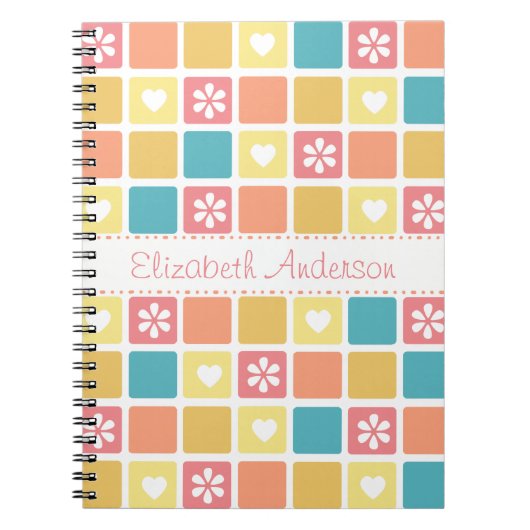 Girly Heart Square Pattern Retro Daisy Blume Notizblock (Vorderseite)