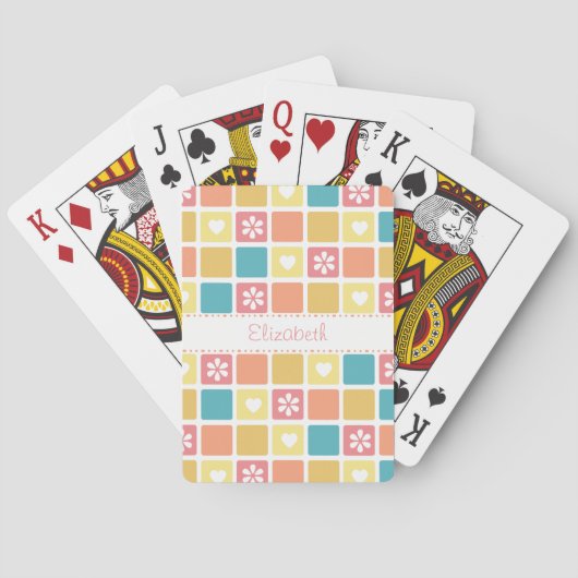 Girly Herz-Quadrat-Muster-Retro Spielkarten (Rückseite)