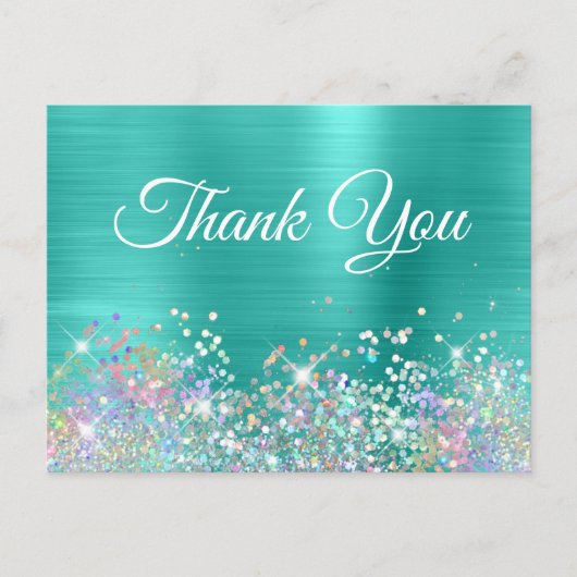 Girly Holo Glitzer Turquoise Foil Danke Postkarte (Vorderseite)