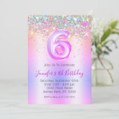Girly Holographic Glitzer 6. Lila Geburtstag Einladung (Stehend Vorderseite)