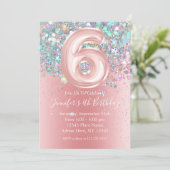 Girly Holographic Glitzer 6th Pink Birthday Einladung (Stehend Vorderseite)