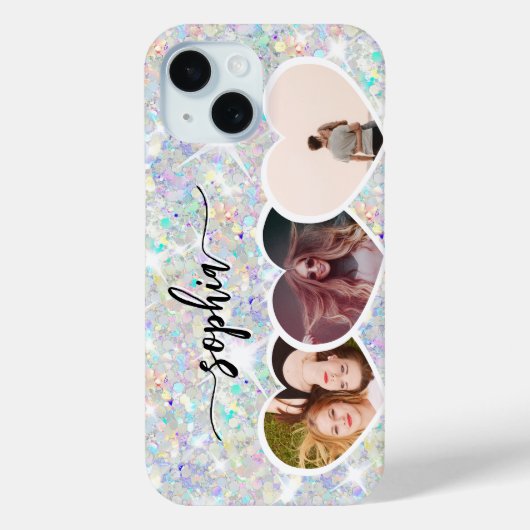 Girly Holographic Glitzer Custom Foto Collage Case-Mate iPhone Hülle (Rückseite)
