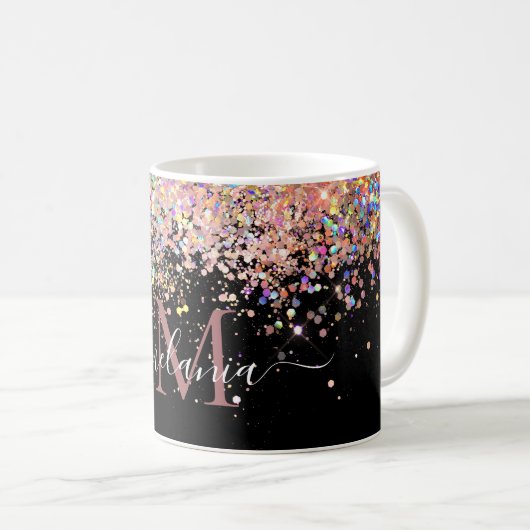 Girly Holographic Glitzer & Sparkle Monogram Black Kaffeetasse (VorderseiteRechts)