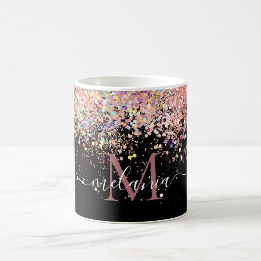 Girly Holographic Glitzer & Sparkle Monogram Black Kaffeetasse (Mittel)