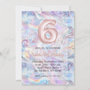 Girly Holographic Marble Swirl 6. Geburtstag Einladung