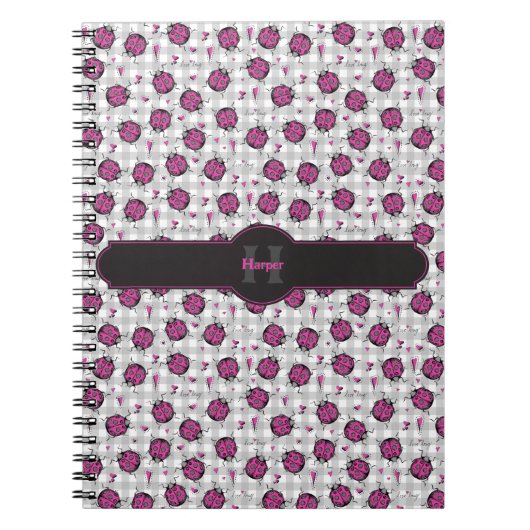 Girly Hot Pink & Black Ladybugs Gingham Name Notizblock (Vorderseite)