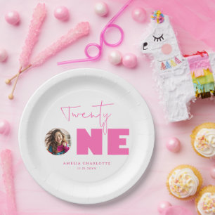 Girly Hot Pink Fett Typografie 21. Geburtstag Part Pappteller
